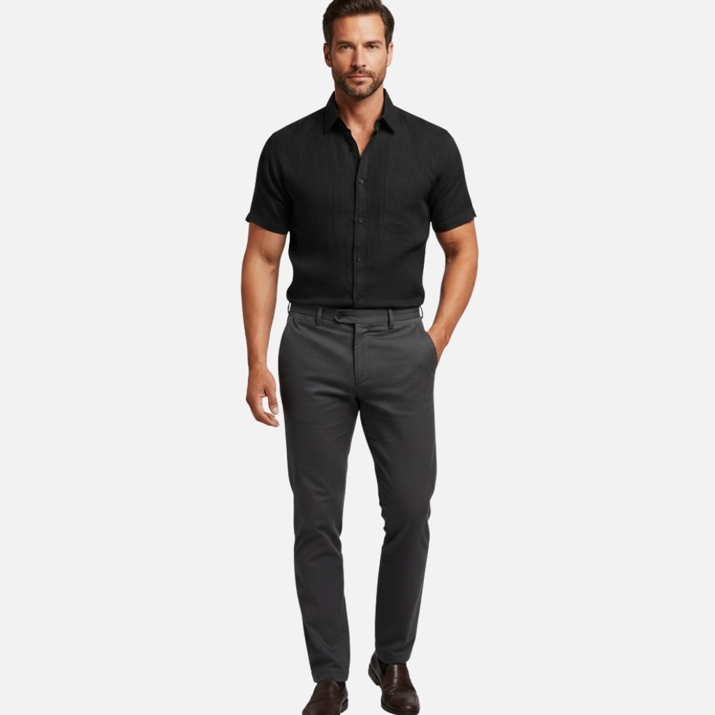 Homme collection featuring a man in a black shirt and gray pants, showcasing modern men's fashion style.