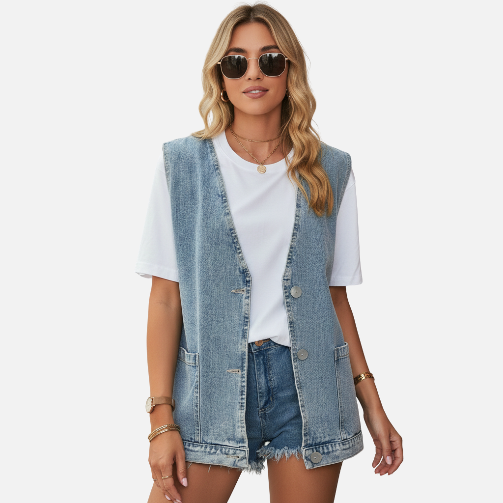 Gilets pour Femme - stylish denim vest outfit for women with sunglasses and casual shorts.