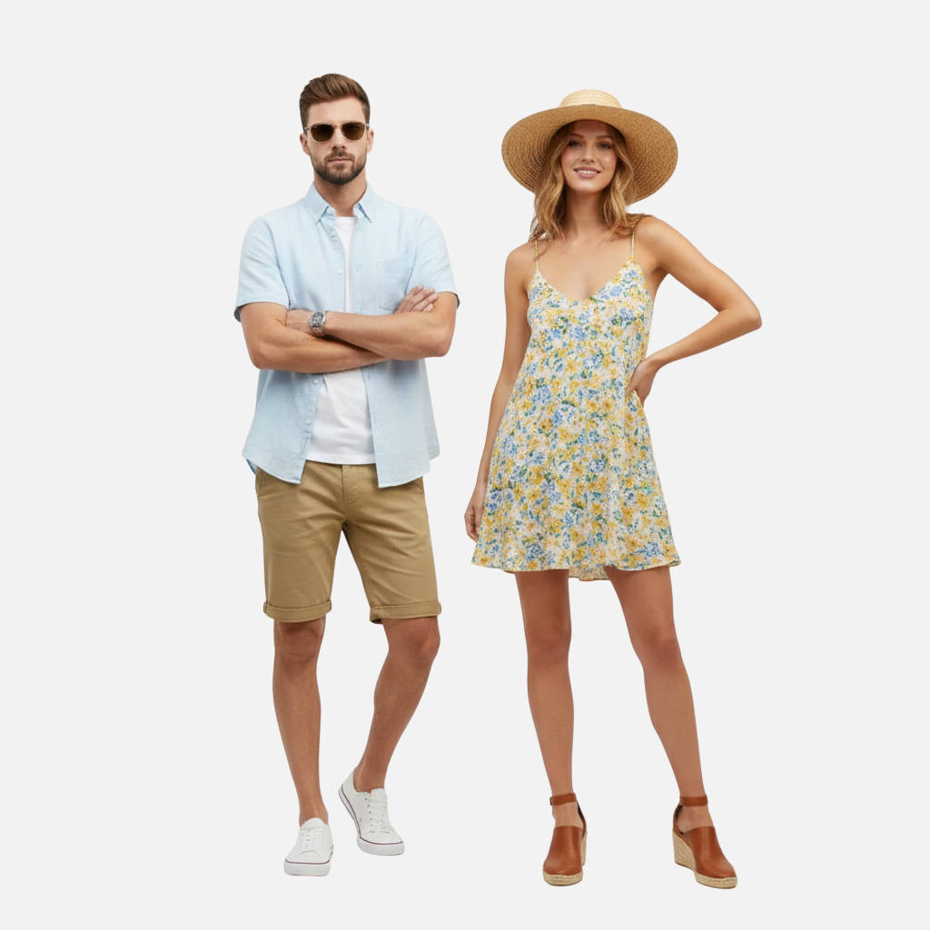 Mode Laurior summer collection featuring a man in a casual outfit and a woman in a floral dress with a hat.