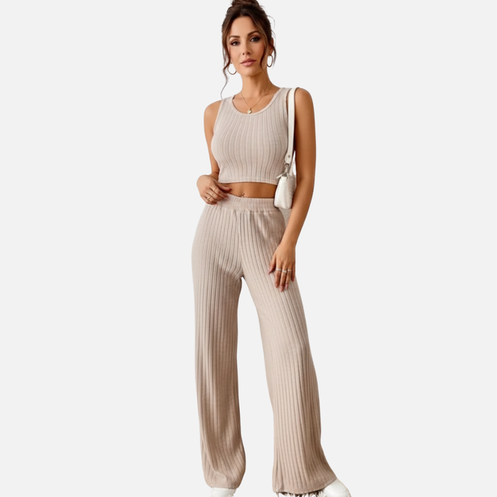 Laurior | Ensemble gilet en maille et pantalon taille haute pour femme