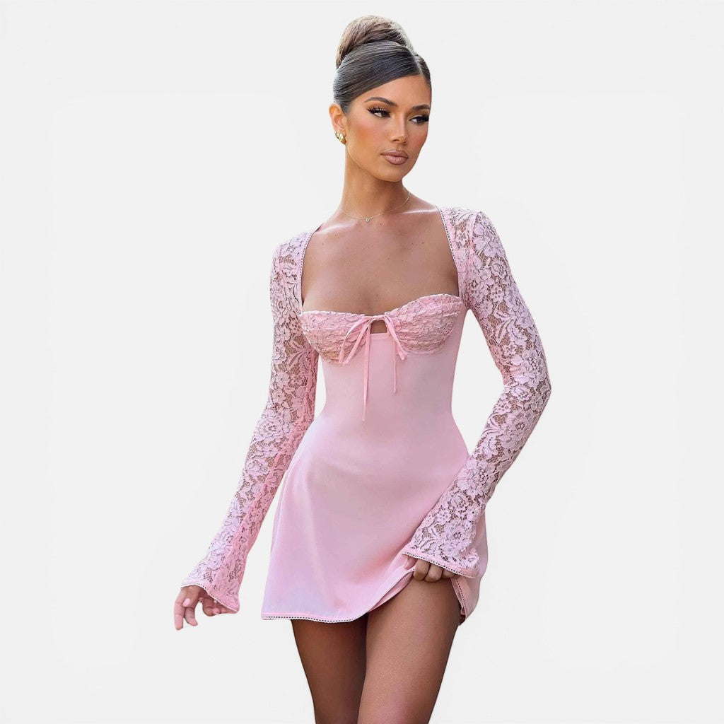 Laurior | Robe Mini en Dentelle Coupe Ajustée Dos Nu à Lacets pour Femme, robe en dentelle rose délicate.