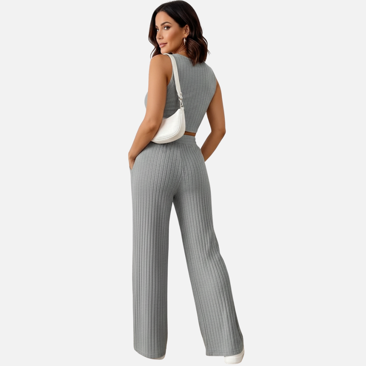 Laurior | Ensemble gilet en maille et pantalon taille haute pour femme