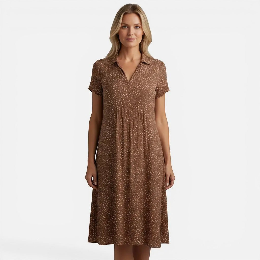 Laurior | Robe midi à pois pour femme, coupe décontractée et légère, coloris brun avec motif à pois.