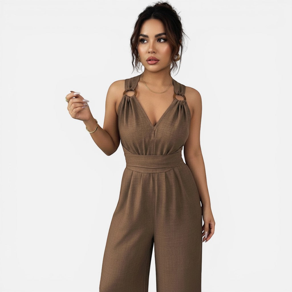 Laurior | Combinaison habillée dos nu pour femme, coupe large, élégante et fluide, couleur brun.