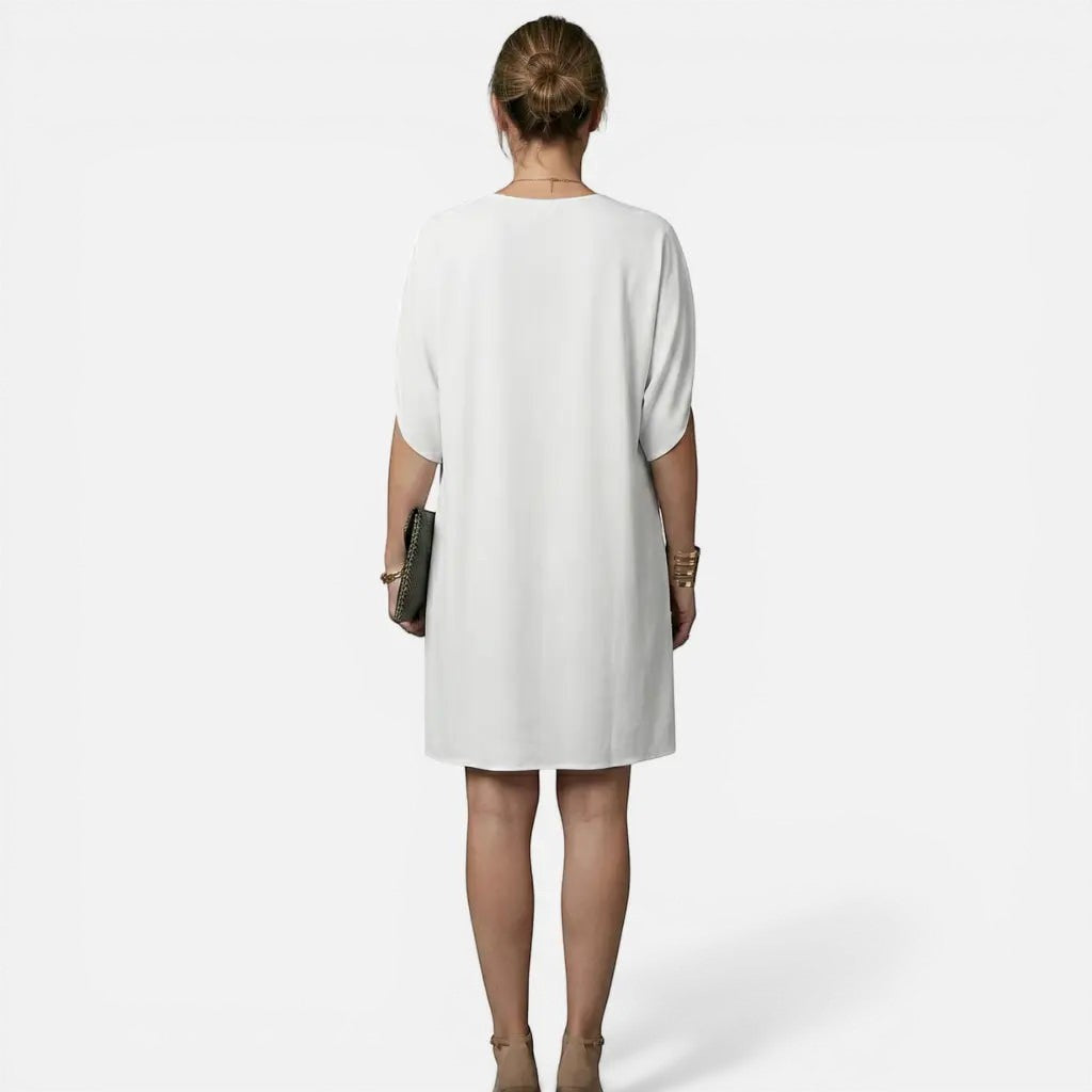Laurior | Robe midi plissée élégante à col en V pour femme vue de dos, montrant le design fluide et élégant.