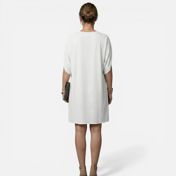 Laurior | Robe midi plissée élégante à col en V pour femme vue de dos, montrant le design fluide et élégant.