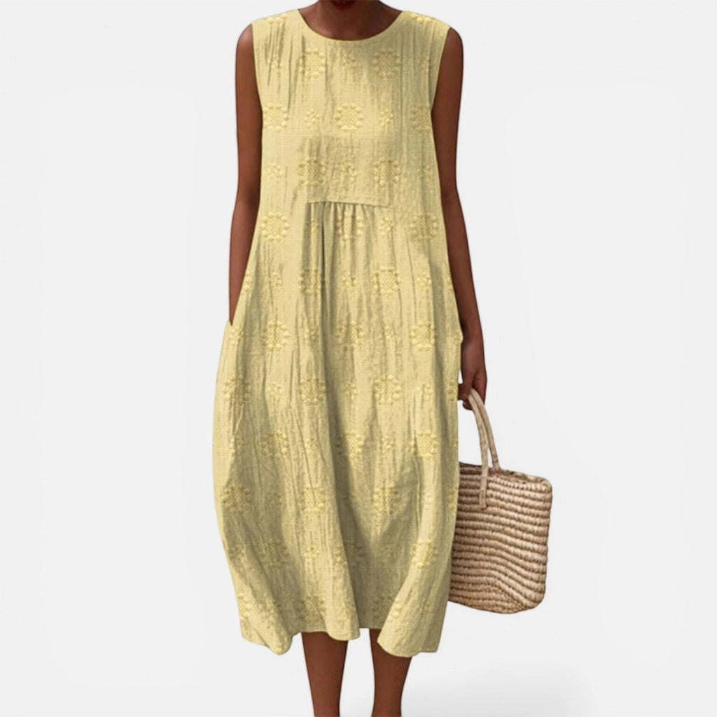Laurior | Robe sans manches intemporelle avec taille plissée – Confort optimal. Robe jaune élégante avec poches.