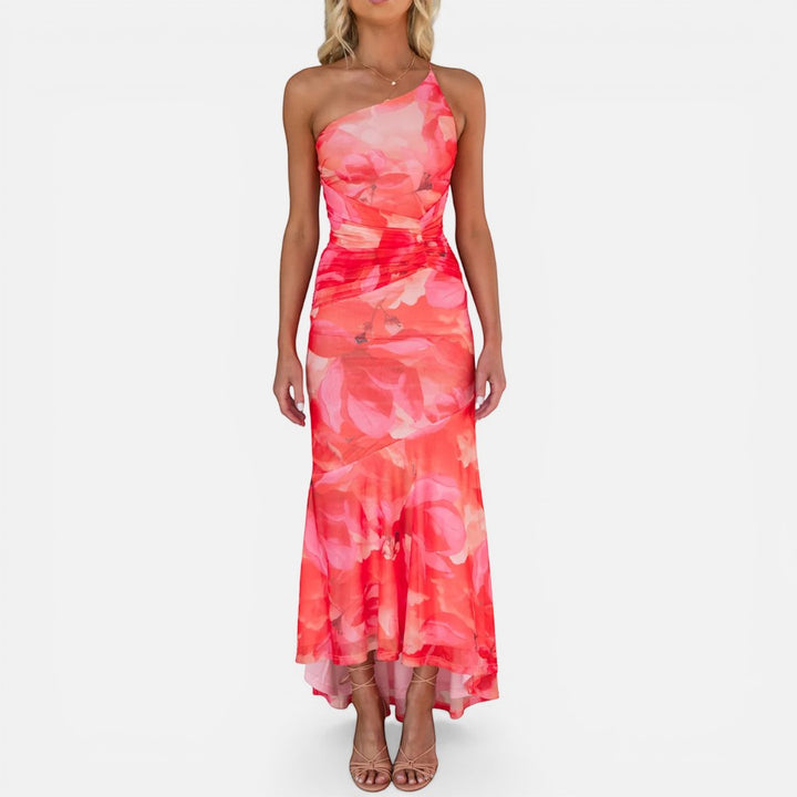Laurior | Robe Maxi Élégante d’Été Femme à Une Épaule Coupe Ajustée avec imprimé floral en rose