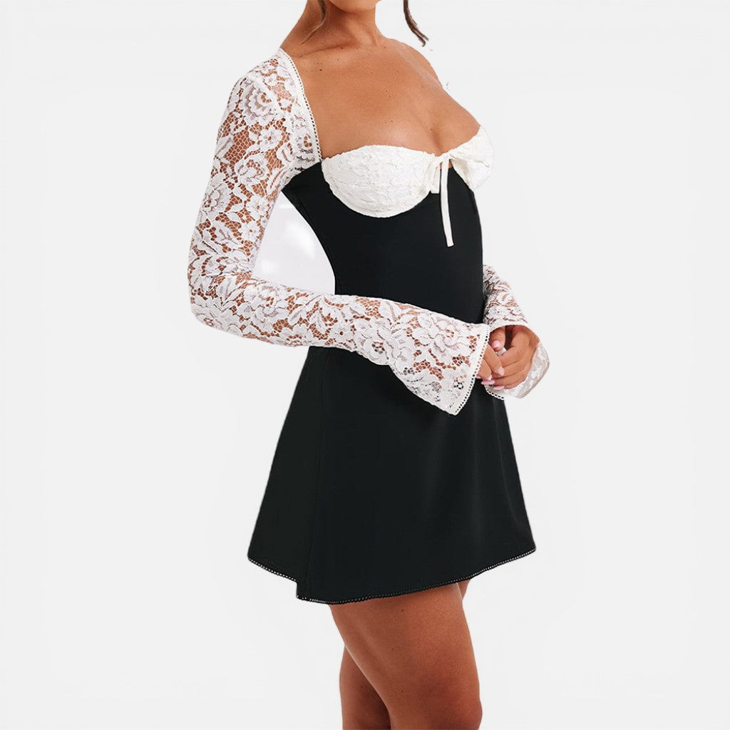 Laurior | Robe Mini en Dentelle Coupe Ajustée Dos Nu à Lacets pour Femme avec manches en dentelle raffinée.