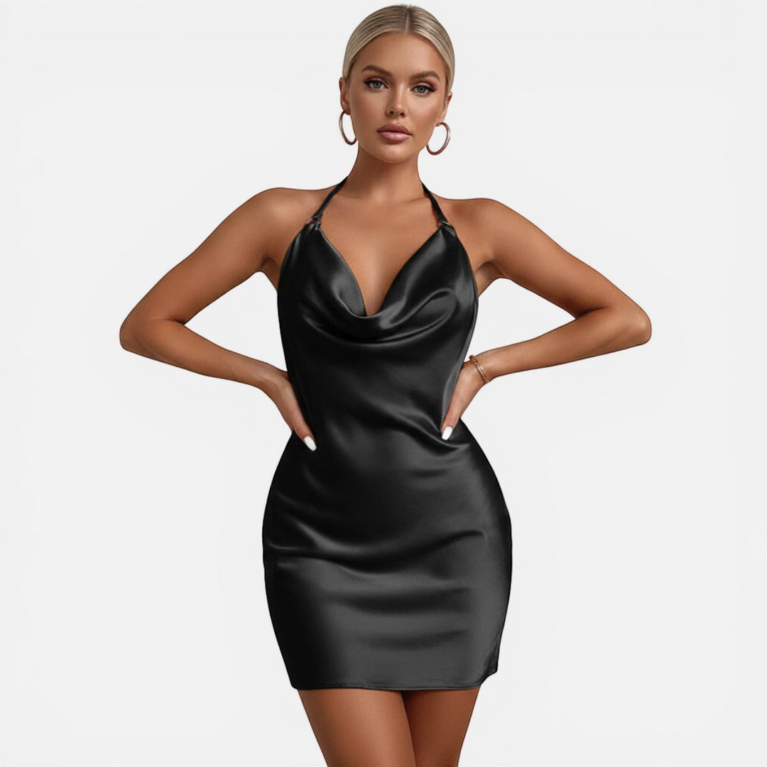 Laurior | Mini-robe en satin pour femmes pour les fêtes estivales, dos nu, robe satin noir avec col en V.