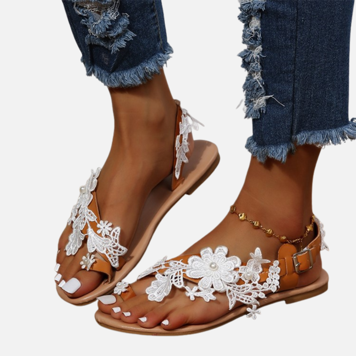 Laurior | Sandales Plates Confortables en Dentelle pour Femme