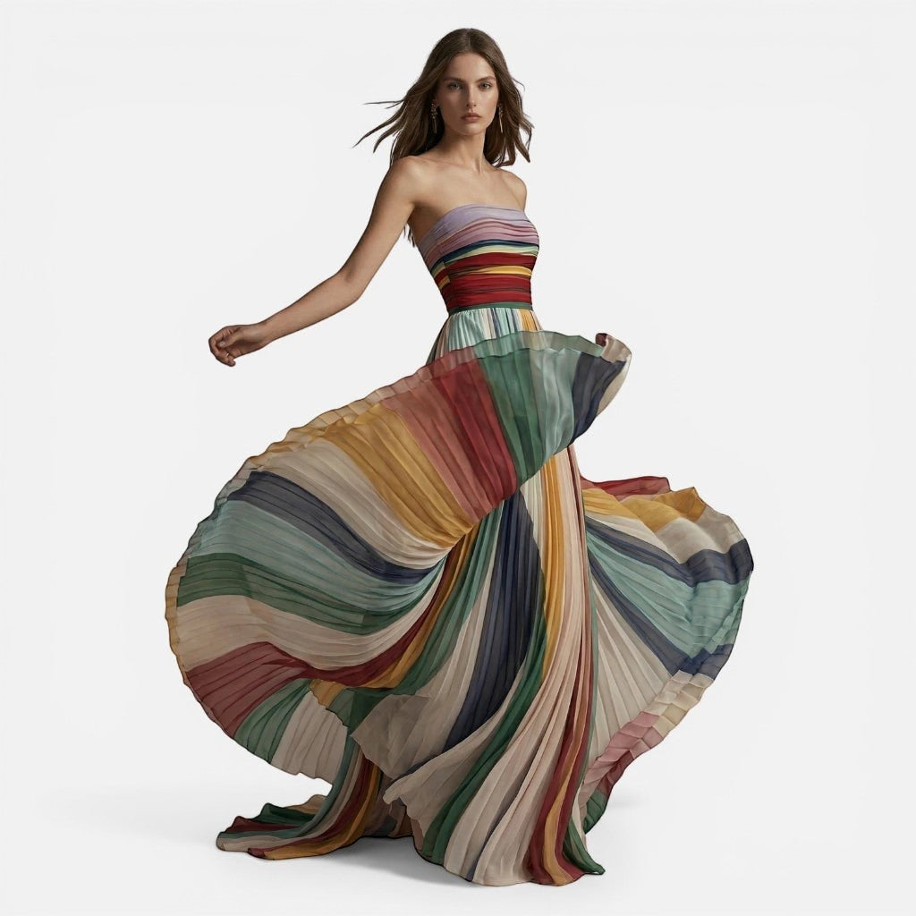 Laurior | Robe Maxi Bustier Femme Style Bohème Dos Ouvert Imprimée Sexy Été Chic en mouvement avec des couleurs vibrantes.