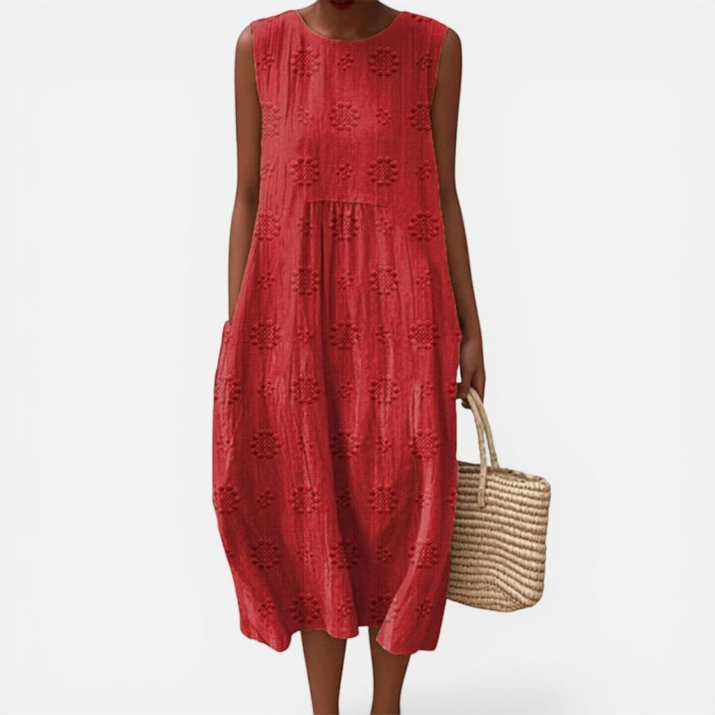Laurior | Robe sans manches intemporelle taille plissée confort, robe rouge élégante avec poches, idéale pour les sorties.