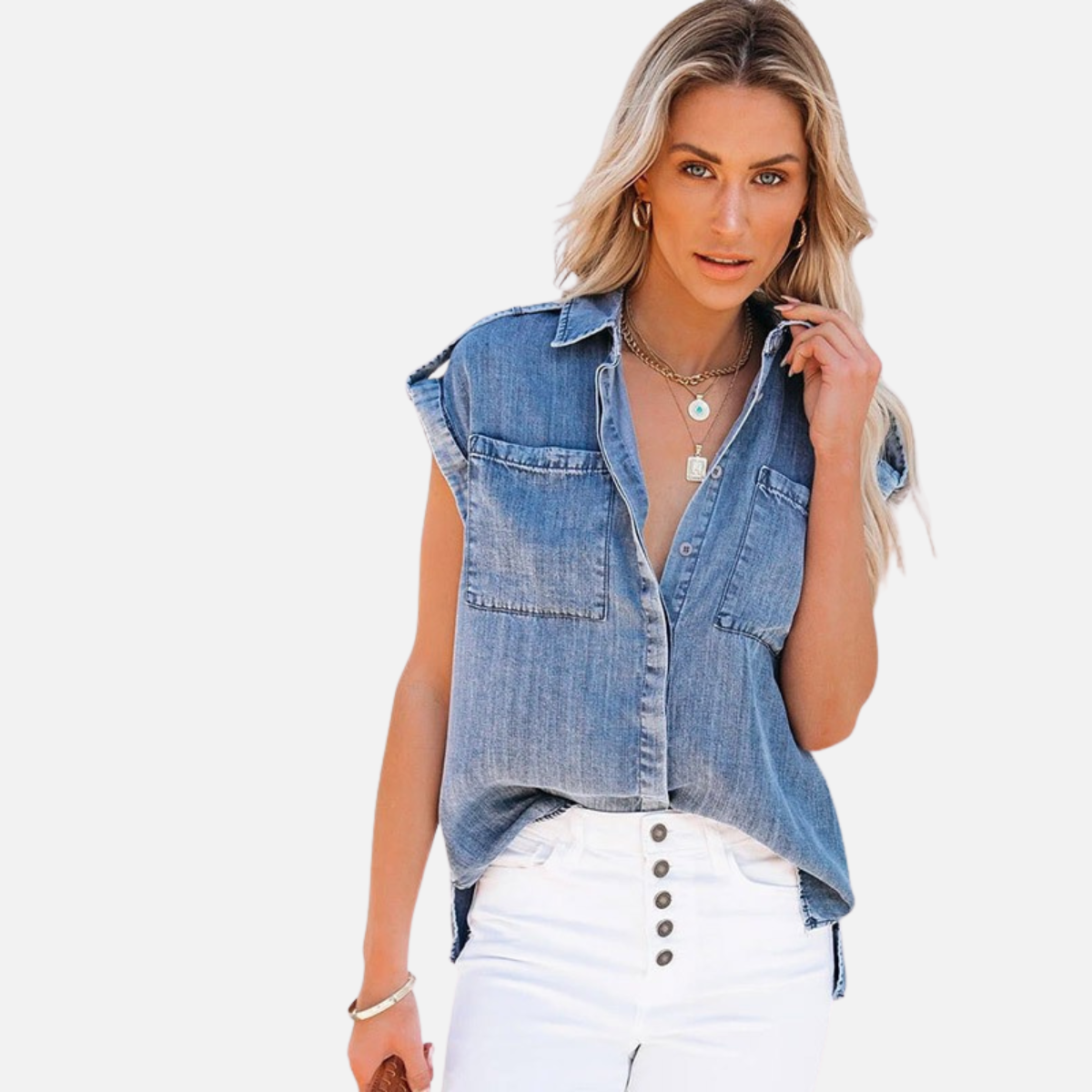 Laurior | Blouse en Denim Sans Manches pour Femme avec Poches Droites