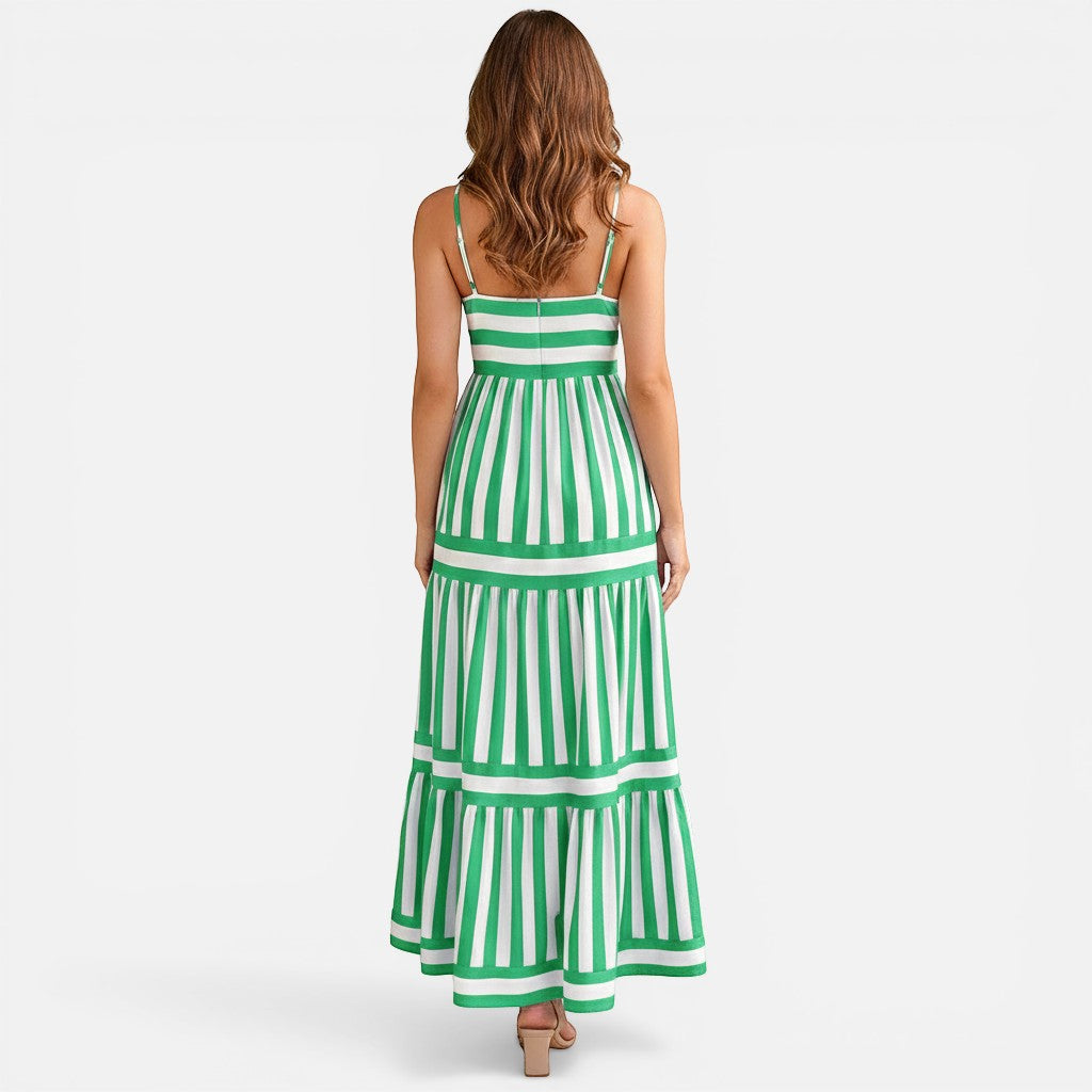 Laurior | Robe longue dos nu pour femme, encolure carrée, style plage, vue arrière en rayures vertes et blanches.