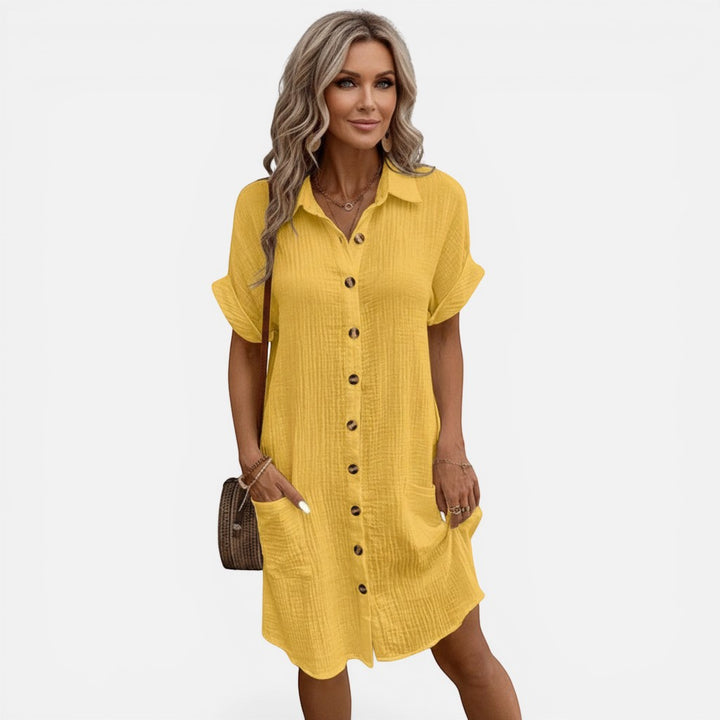Laurior | Robe légère pour femme, tenue décontractée pour tous les jours en jaune avec boutons et poches.