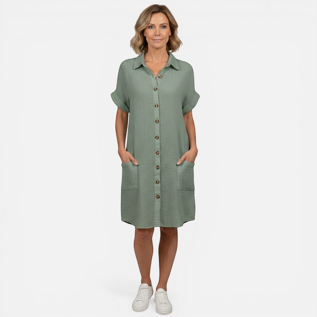 Laurior | Robe légère pour femme, tenue décontractée pour tous les jours - Robe verte avec boutons et poches.