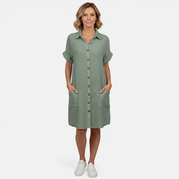 Laurior | Robe légère pour femme, tenue décontractée pour tous les jours - Robe verte avec boutons et poches.