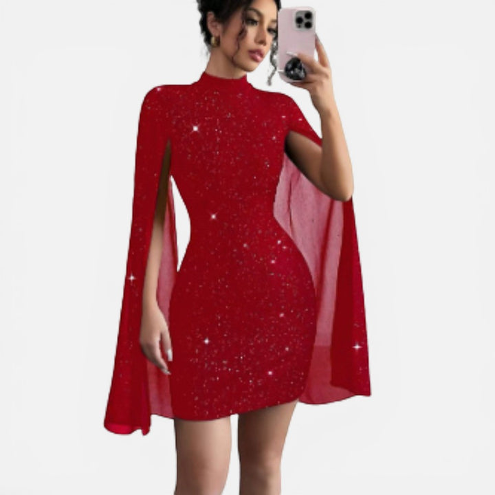 Laurior | Robe de Soirée Formelle en Mousseline avec Perles Coupe Ajustée Femme, robe rouge avec cape et paillettes.
