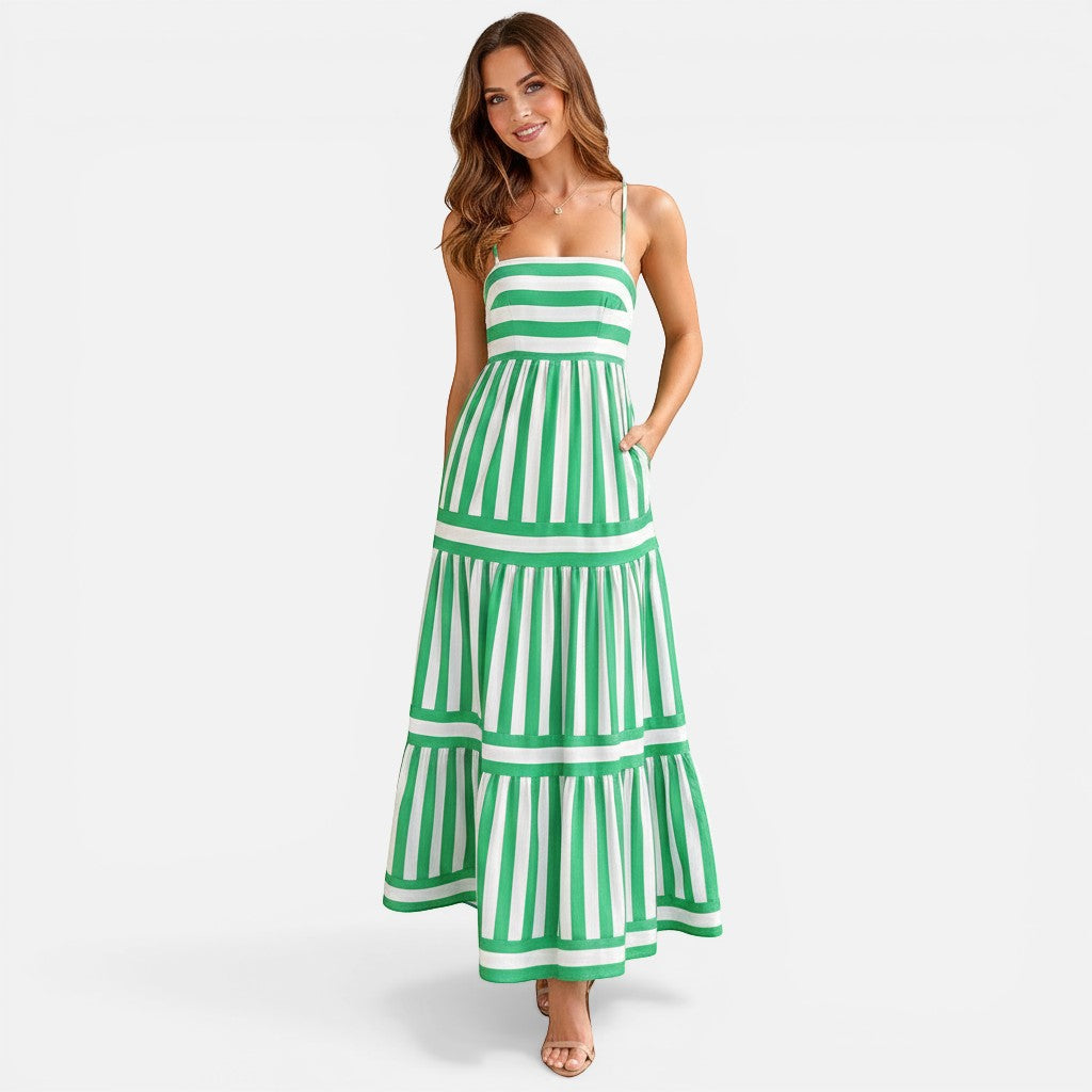 Laurior | Robe longue dos nu pour femme, encolure carrée, style plage - modème vert à rayures.