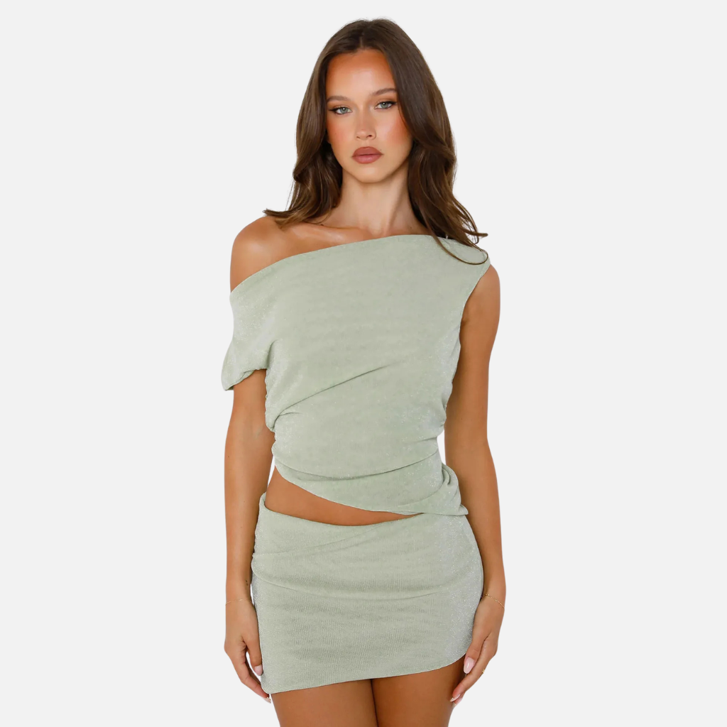 Laurior | Ensemble jupe à col diagonal pour femme, coupe élégante et ajustée