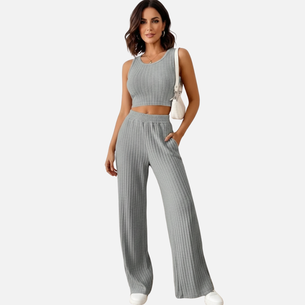 Laurior | Ensemble gilet en maille et pantalon taille haute pour femme