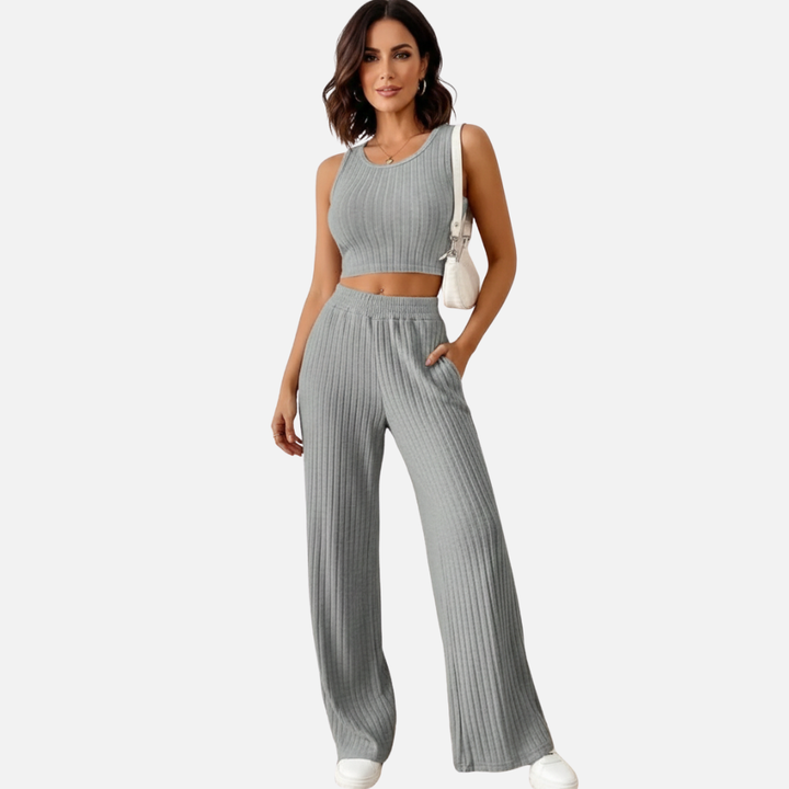 Laurior | Ensemble gilet en maille et pantalon taille haute pour femme