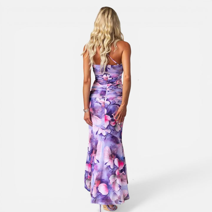 Laurior | Robe Maxi Élégante d’Été Femme à Une Épaule Coupe Ajustée vue de dos avec imprimé floral élégant.