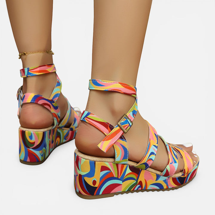 Laurior | Sandales compensées légères pour femme à bout ouvert avec boucle vue arrière multicolore