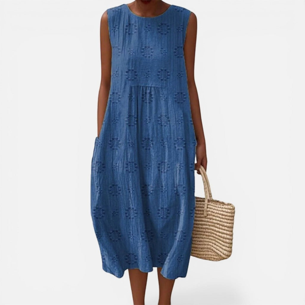 Laurior | Robe sans manches intemporelle taille plissée confort en denim, silhouette flatteuse et confortable.