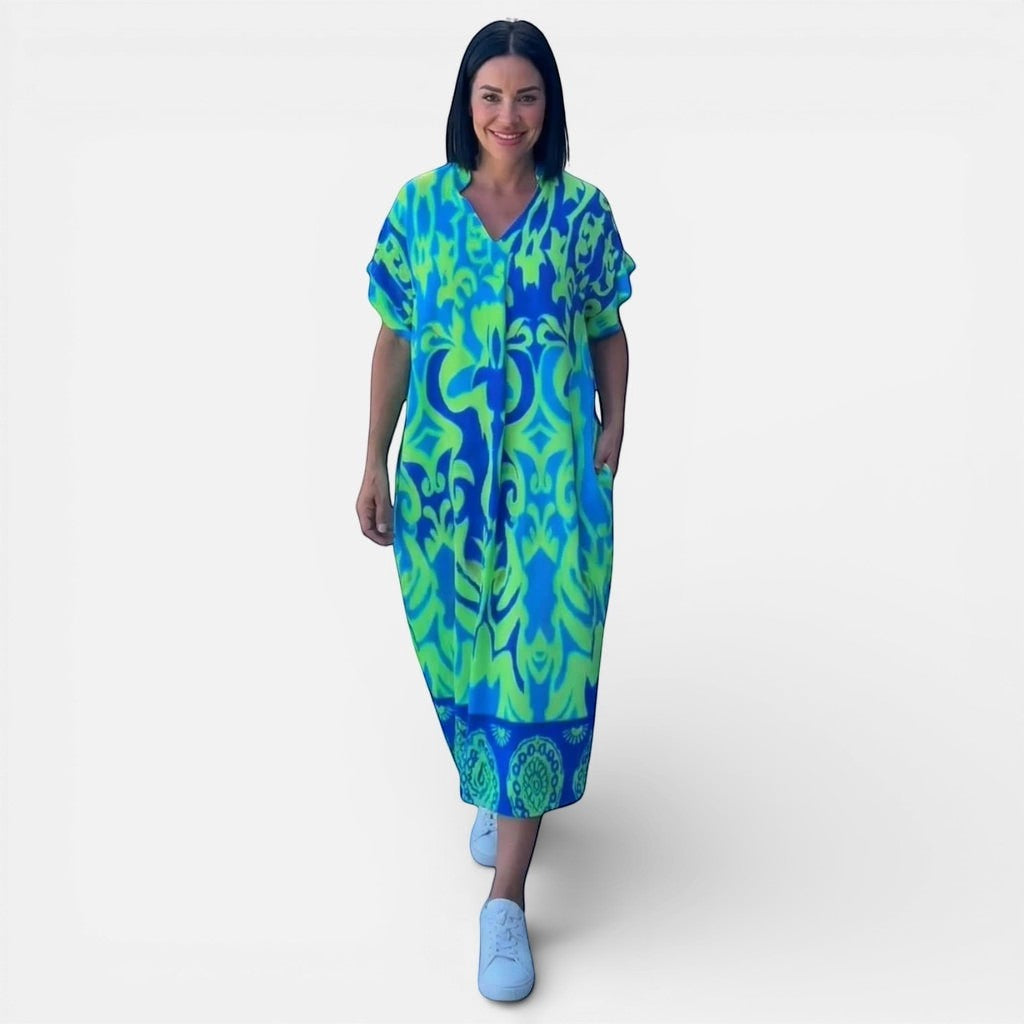 Laurior | Robe longue kaftan d’été pour femme, légère, col en V avec des motifs colorés.