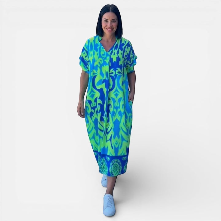 Laurior | Robe longue kaftan d’été pour femme, légère, col en V avec des motifs colorés.