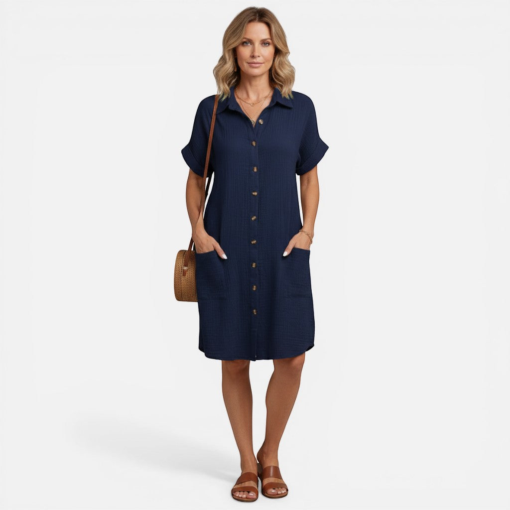 Laurior | Robe légère pour femme, tenue décontractée pour tous les jours - Robe bleue avec boutons et poches.
