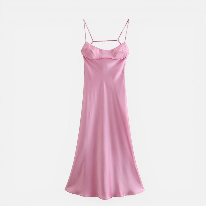 Laurior | Robe de soirée en satin pour femme, coupe élégante, dos nu, robe satin rose avec bretelles.