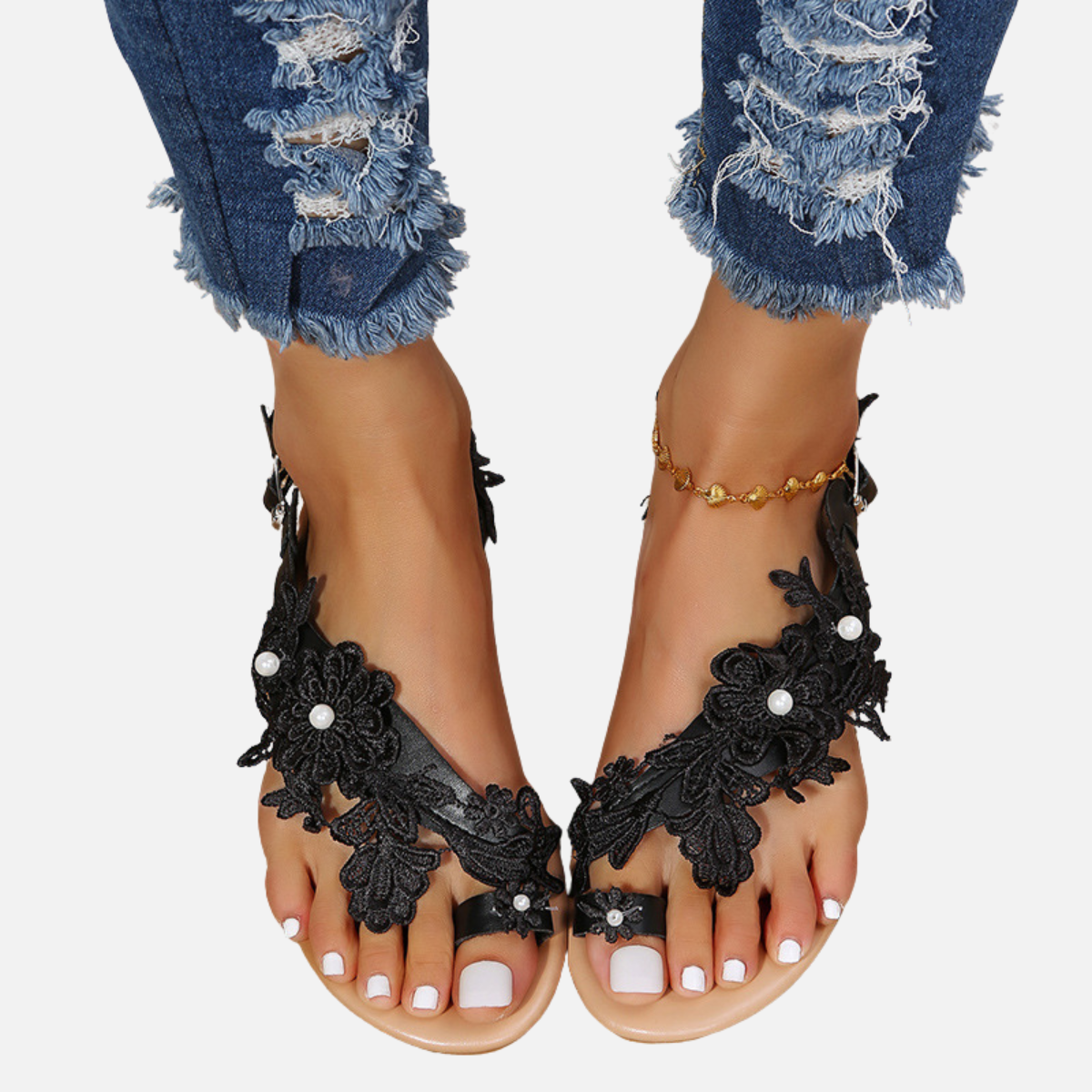 Laurior | Sandales Plates Confortables en Dentelle pour Femme