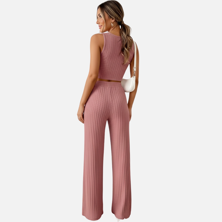 Laurior | Ensemble gilet en maille et pantalon taille haute pour femme