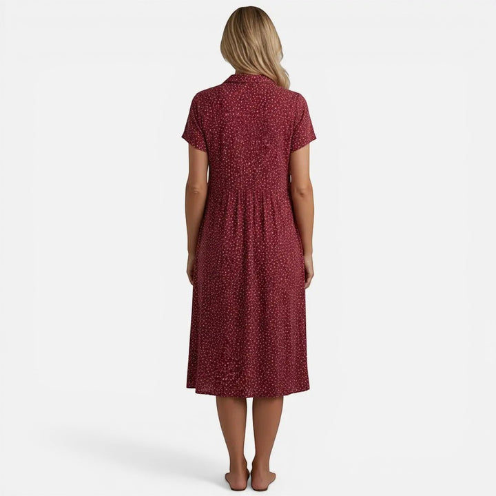 Laurior | Robe midi à pois pour femme, coupe décontractée et légère vue de dos.