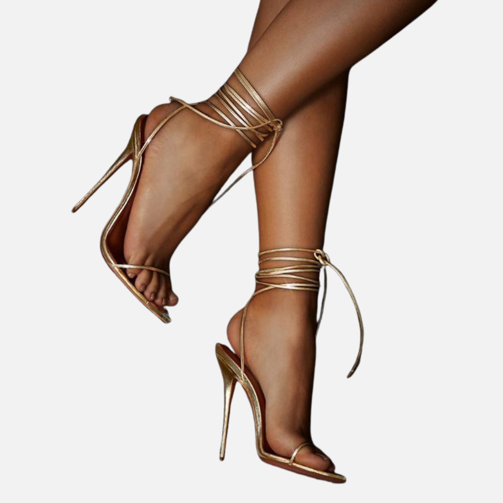 Laurior | Sandales habillées dorées à talons hauts pour femme avec bride à la cheville