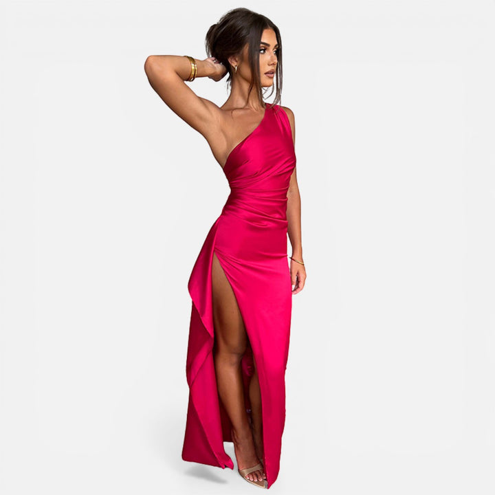 Laurior | Robe dos nu en satin pour femme coupe ajustée tenue formelle en satin rose avec fente.