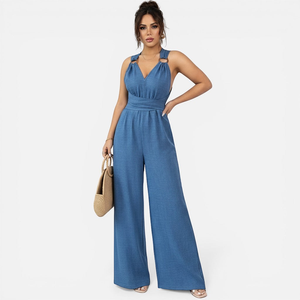 Laurior | Combinaison habillée dos nu pour femme, coupe large en bleu avec drapé soyeux.