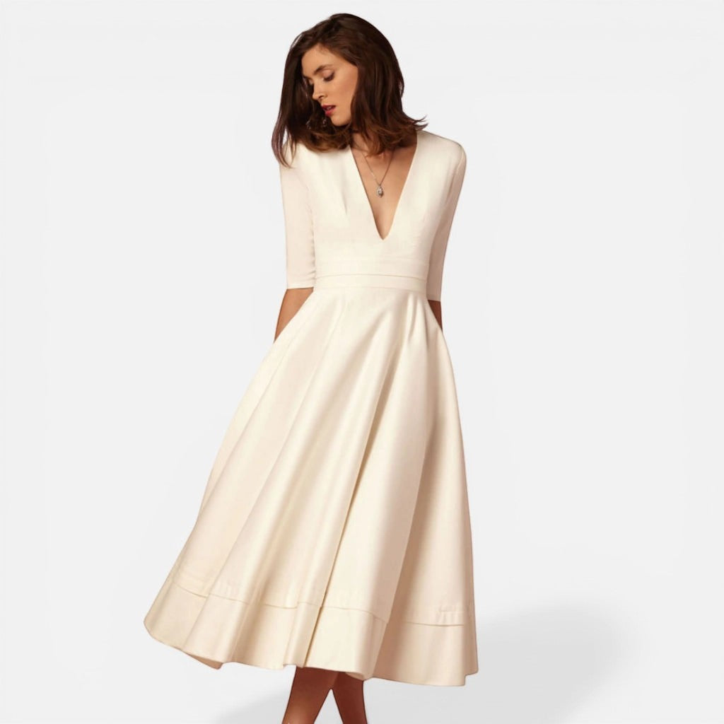 Laurior | Robe midi classique femme à col en V, légère et confortable en couleur crème.