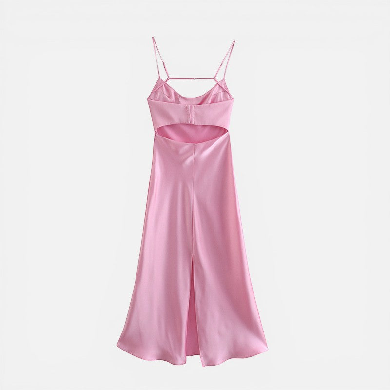 Laurior | Robe de soirée en satin pour femme, coupe élégante, dos nu, couleur rose, élégante et fluide.
