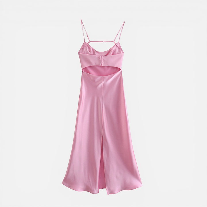 Laurior | Robe de soirée en satin pour femme, coupe élégante, dos nu, couleur rose, élégante et fluide.