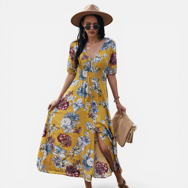 Laurior | Robe d'été légère pour femme, idéale pour les vacances, robe estivale florale jaune avec col en V.