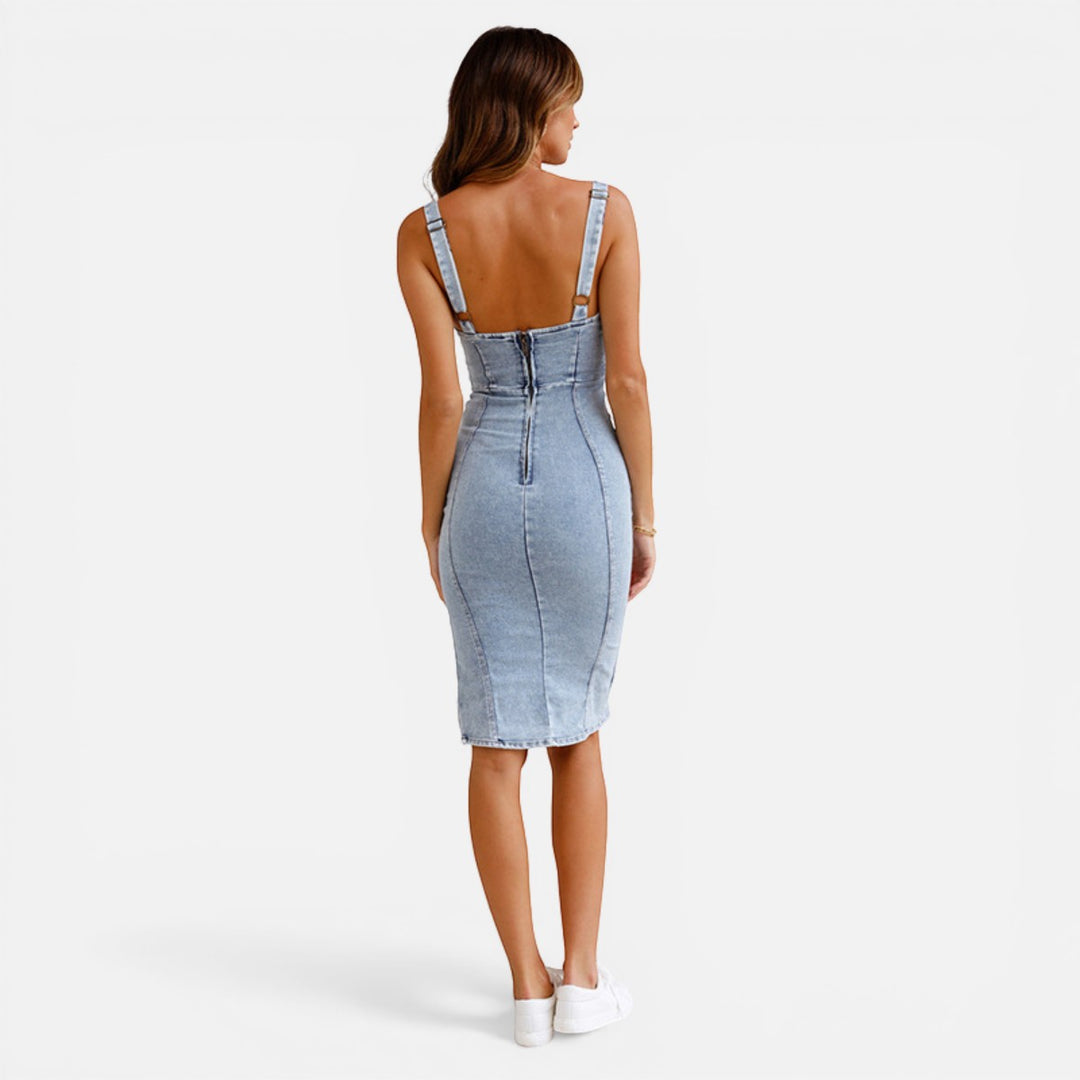 Laurior | Robe en denim pour femme, coupe slim, style décontracté, avec fente vue de dos