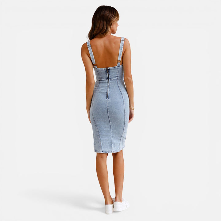 Laurior | Robe en denim pour femme, coupe slim, style décontracté, avec fente vue de dos