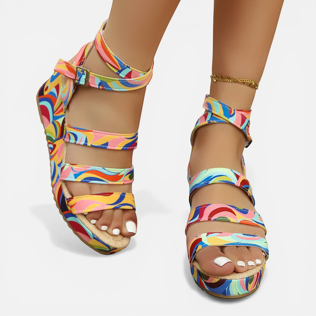 Laurior | Sandales compensées légères pour femme à bout ouvert avec boucle, motifs colorés, confort et élégance.