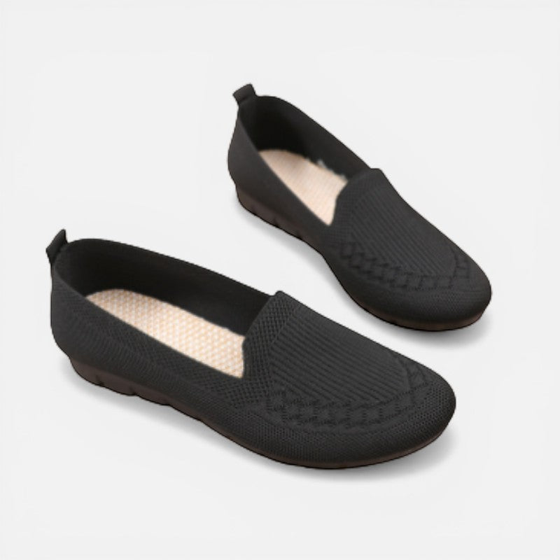 Laurior | Mocassins Femme en Coton Maille Souple Faciles à Enfiler noires avec semelle légère en caoutchouc.