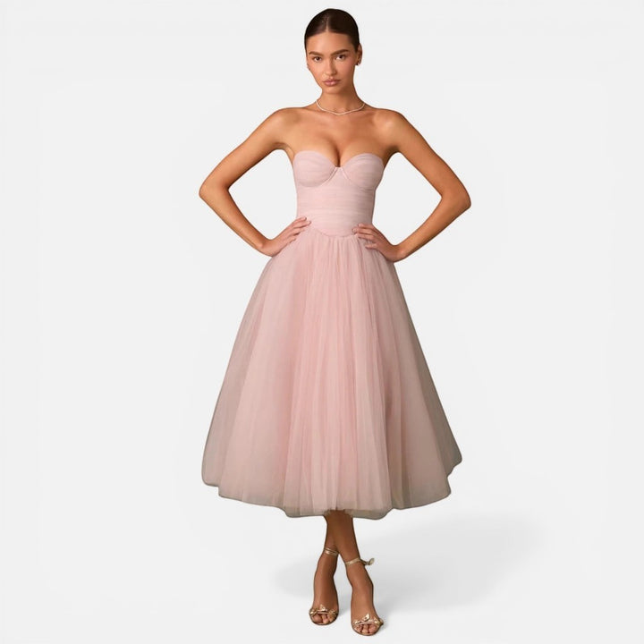 Laurior | Robe tube femme extensible confortable décontractée d’été, robe rose avec jupe en tulle et décolleté cœur.