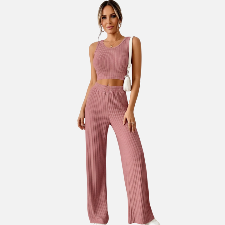 Laurior | Ensemble gilet en maille et pantalon taille haute pour femme